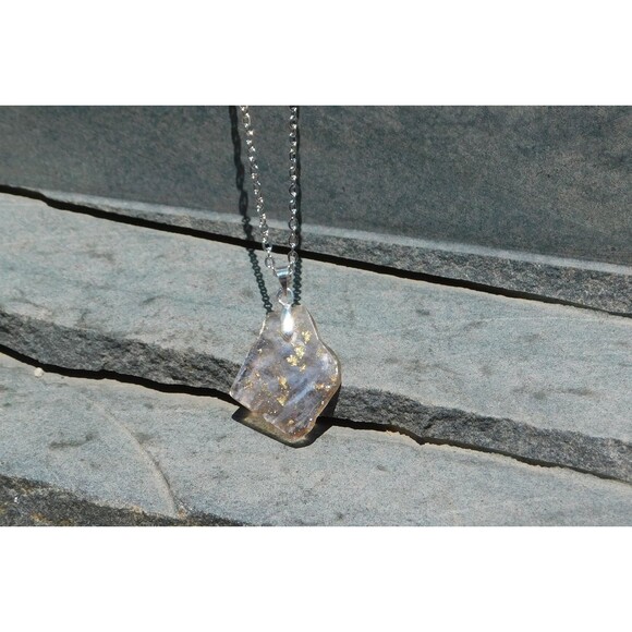 Gold Flecked Epoxy Resin Silver Mica Chip Pendant 18 in Sterling Silver Chain - Picture 2 of 10